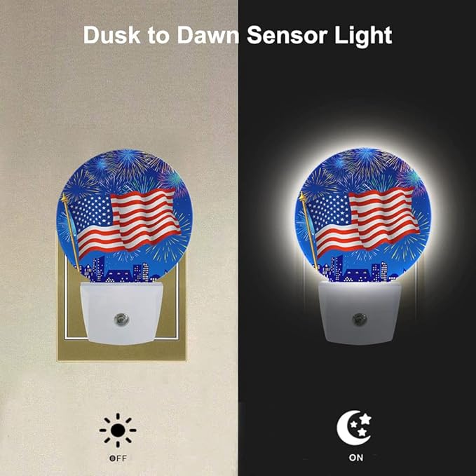 EKOBLA 4th of July Night Light American Flag Fireworks Patriotic Spirit Night Lights Plug into Wall Independence Day Plug-in Nightlights Auto on/Off Led Lamp for Men Women Girls Boys