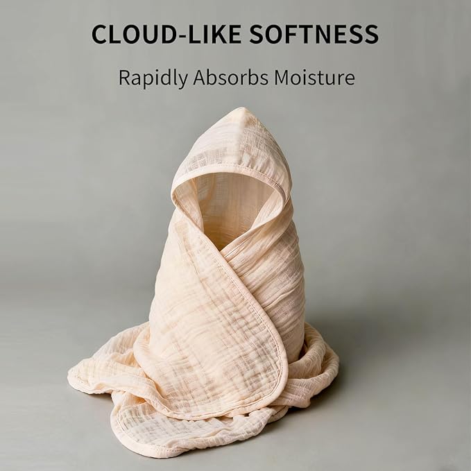 Organic Muslin Hooded Baby Bath Towels - 2 Pack 100% Organic Cotton Towel for Babies, Infants, Toddlers - 32x32Inch - Highly Absorbent and Newborn Essential(Brown Green)