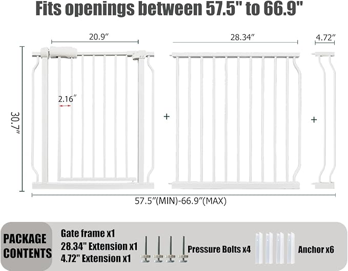 Extra Wide Baby Gate - 62-67 Inch Tension Mounted Safety Child & Pet Gate - White Metal - Walk Through - Long - for House Doorways & Stairs