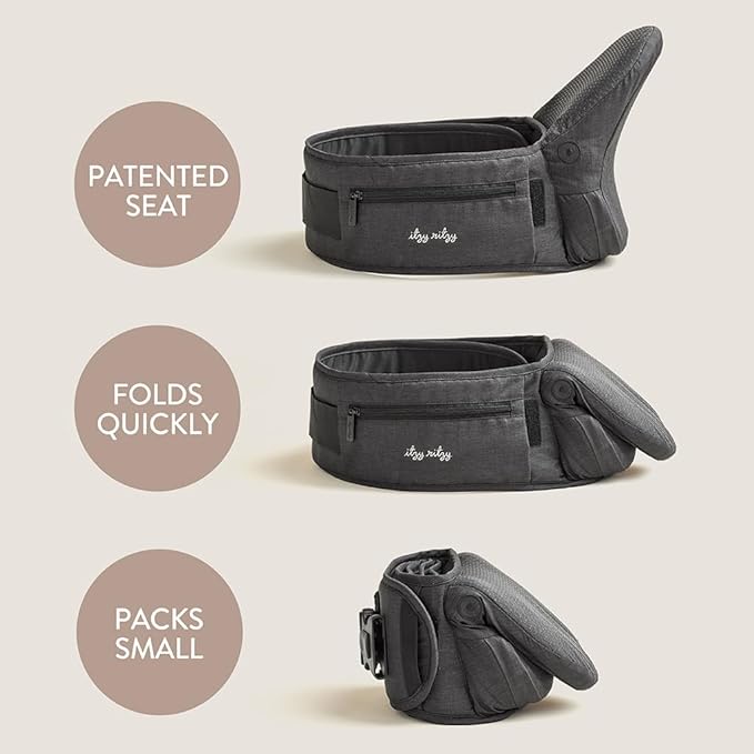 Itzy Ritzy Hip Seat Baby Carrier - 3 Ways to Hold & Support Babies and Toddlers Between 12-44 Pounds; Fits Up to 62" Waist (Black)