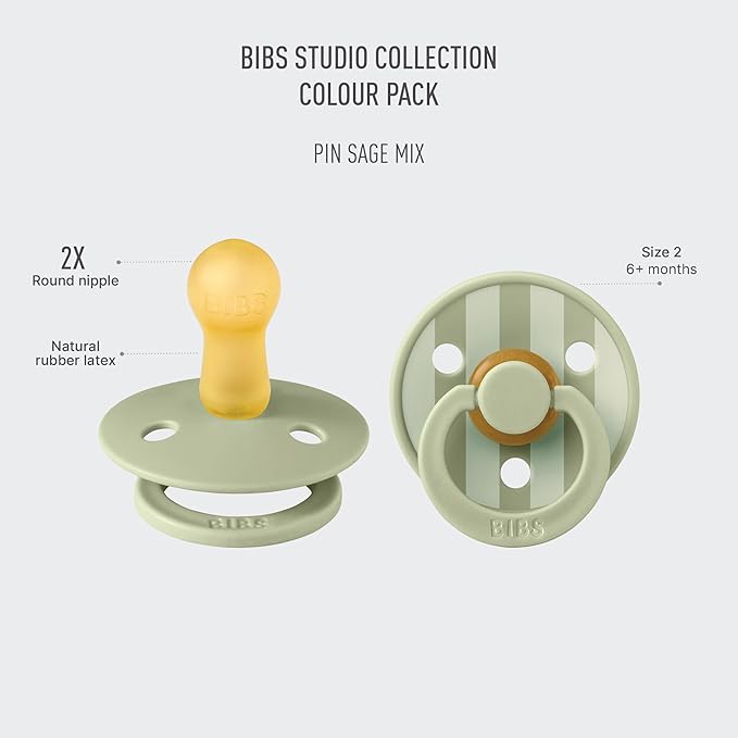 BIBS Pacifiers - Studio 2 Pack | Round Nipple Baby Pacifier | BPA Free Natural Rubber Latex Soother | Made in Denmark | Size 6+ Months | Pin Sage