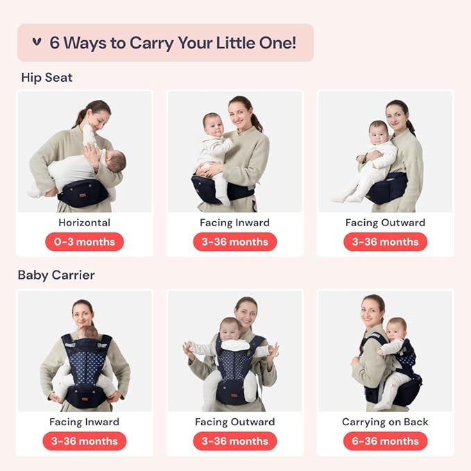 BabbleRoo Grow Carrier – Safety-Certified 6-in-1 Baby Carrier with Hip Seat, Ergonomic & Adjustable Toddler Carrier 7-50 lbs with Hip Support, Hood for Sun Protection, Newborn to Toddler, Navy Hearts
