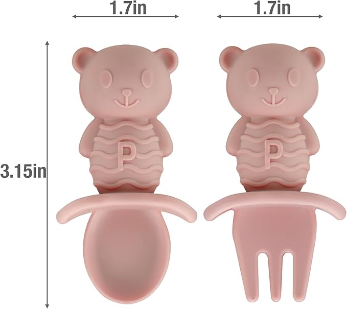 PandaEar 6 Pack Baby Led Weaning Spoons Forks 6+ Months | Silicone Baby Spoons and Fork Self Feeding Utensils, Toddler Infant Anti-Choke Feeding Utensils, Bear Shape (Pink Green Linen)