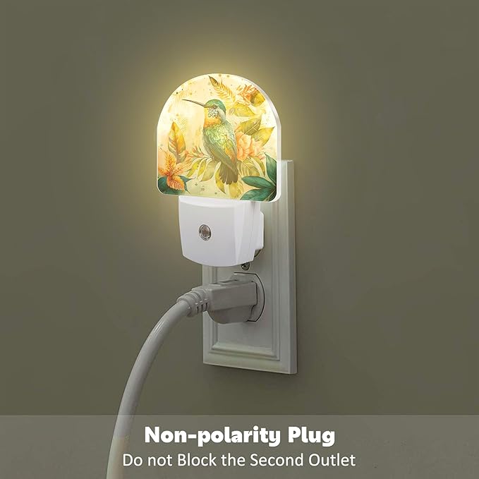 Hummingbird and Tropical Flowers Night Light for Kids,Watercolor Floral Bird Night Light Plug in with Dusk to Dawn Sensor,0.5w Energy Saving Nightlight for Hallway Stairway Kitchen Bedroom