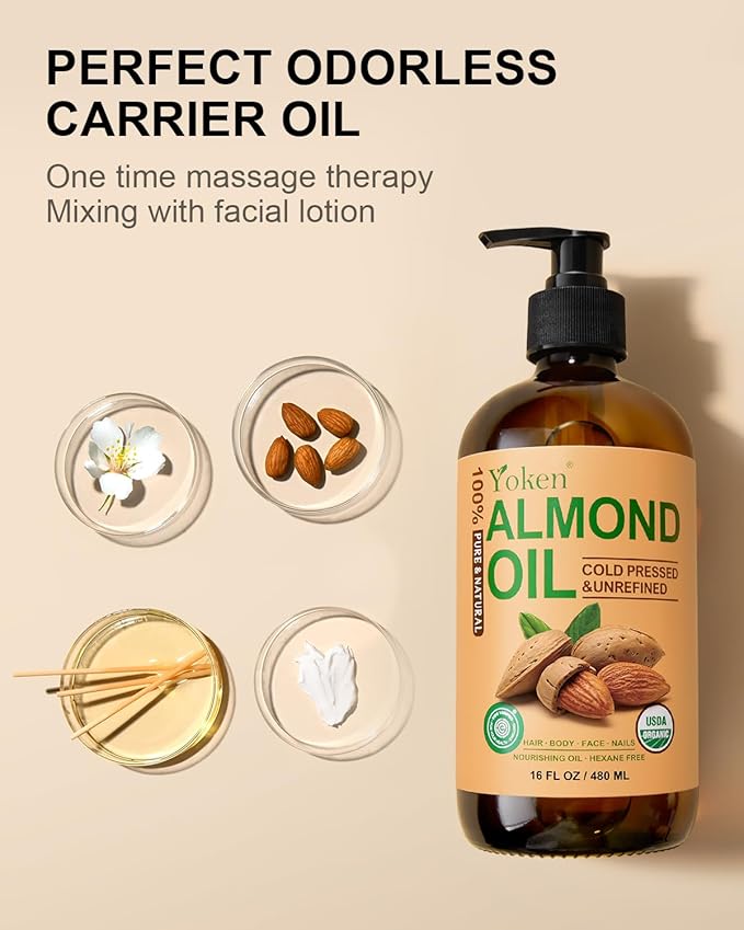Organic Almond Oil 16 fl oz, USDA 100% Pure Cold Pressed Almond Oils in Glass Bottle, Natural Moisturizer for Face, Hair & Body, Ideal Carrier Oil for Skin Care, DIY Beauty & Soothing Massage