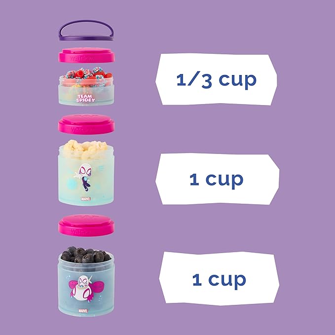 Whiskware Spider-Man Team Spidey Stackable Snack Containers for Babies, Kids, and Toddlers, 3 Stackable Snack Cups for School or Travel, Cupholder Friendly, Gwen Stacy