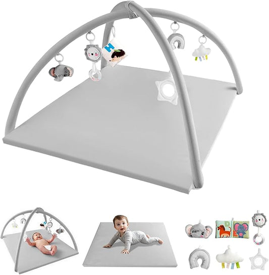 Baby Play Gym with Soft Foam Mat – Removable & Machine Washable Cover, Velvet Tummy Time Mat with 6 Sensory Toys, Non-Slip Activity Mat for Infant Development, Newborn Essentials Gift, Grey