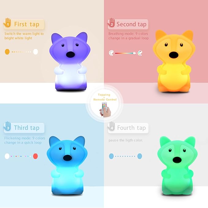 WHA&DARREN Large Fox Night Light for Kids,Cute Baby Night Light, Silicone Bedside Lamp,Sleep LED Lights Desk Light, Eye Caring, Adjustable Brightness & Color, Time Setting