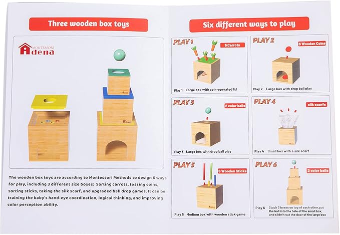 Adena Montessori 6 in 1 Play Kit Toy- 3 Nesting & Stacking Boxes, Object Permanence Drop Game, Coin Box, Carrot Harvest,Tissue Box,Sticks Matching Game for 6-12 Months 1 Year Old Toddlers 2 Year