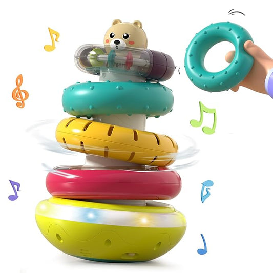 Baby Stacking Rings with Sound, Stacking Toys for Toddlers 1-3, Montessori Toys for Babies 6-12 Months, Rotatable with Light