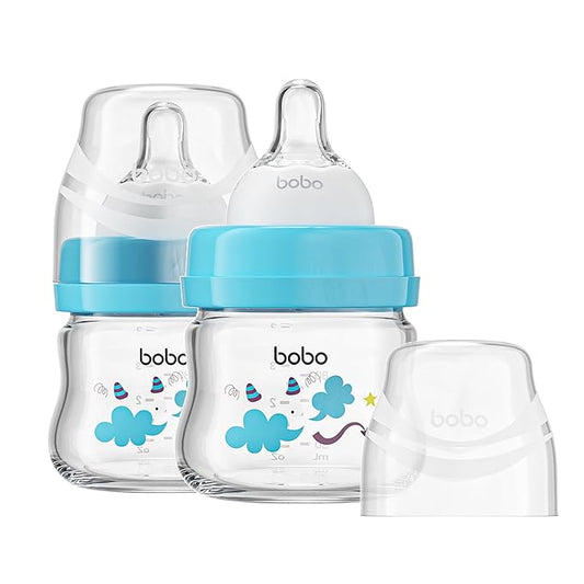 YOHKOH Glass Baby Bottles with Slow Flow Nipple, Newborn Anti-Colic Baby Bottles for 0+ Months, Wide Neck Feeding Bottle, Clear (Blue, 2.7oz (Pack of 2))