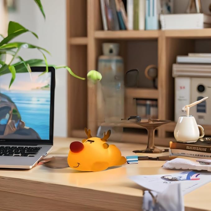 Eco-Friendly Reindeer Night Light - Energy Efficient LED Desk Lamp, Rechargerable Dimmable Nursery Soft Touch Bedside Baby Squishy Night Light, Portable Nightlight for Adults/Kids