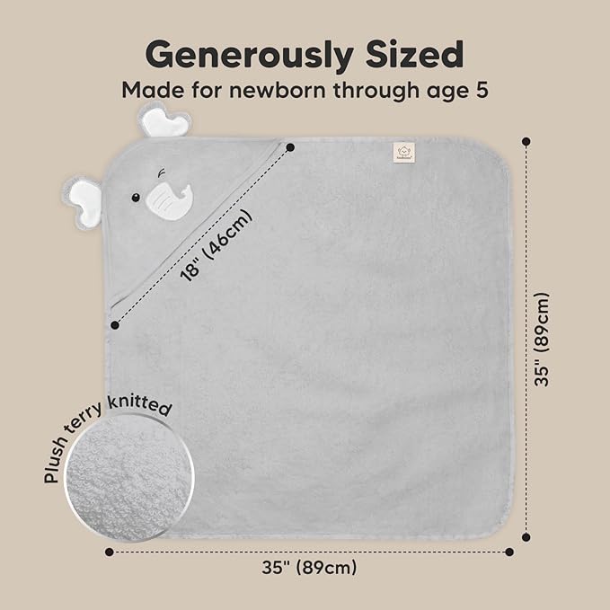 KeaBabies Hooded Baby Towel for Newborn - Viscose Derived from Bamboo Large Baby Bath Towels with Hood for Boys, Girls, Toddler, Extra Absorbent & Soft Newborn Bath Essentials (Elephant, Regular)