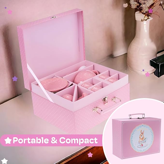 Jewelkeeper Tea Set for Little Girls - 14-Piece Porcelain Tea Party Set for Children Includes Teapot, Cups, Saucers, Creamer, and Sugar Bowl - Pink Polka Dot Design