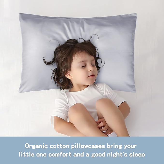 Organic Cotton Toddler Pillowcase 2 Pack, 14 x 20 Travel Pillow Case Cover for Babies, Kids, Boys and Girls, Soft and Breathable Small Pillow Cases with Envelope Closure, Light Grey