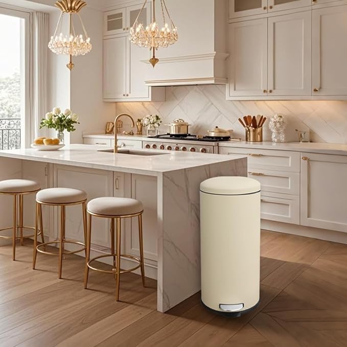 8 Gallon Trash Can, Stainless Steel Round Trash Can with Lid, Removal Inner Liner, Soft Close, Step on Pedal Trash bin for Kitchen, Office, Living Room or Bathroom, Cream