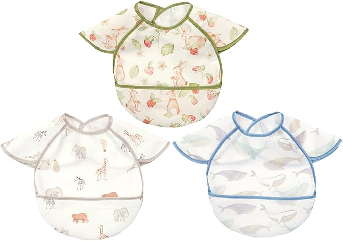Feeding Bibs for Baby,3 Pack-Waterproof & Easy Clean Feeding Bibs for Toddlers & Infant,Reversible Pockets