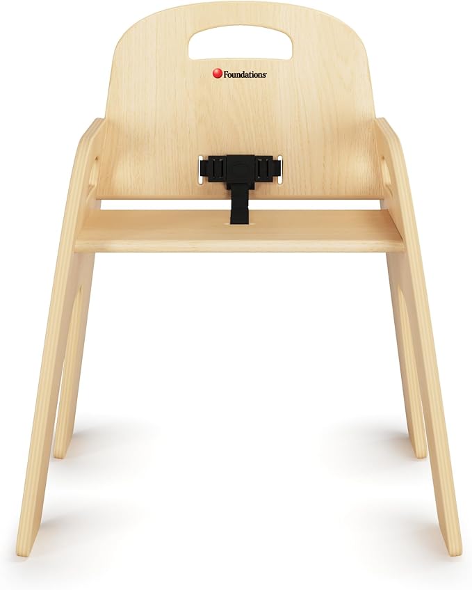 Foundations Simple Sitter 13” Low Wood Feeding Chairs, Wide No-Tip Base, Adjustable Safety Harness, Stackable Wood Toddler Chairs with Food Service Grade Finish, 2 Pack