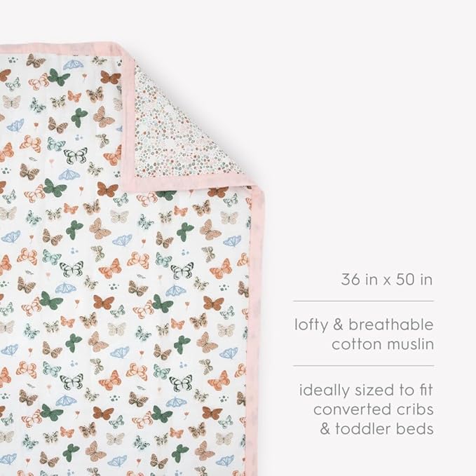 Little Unicorn Lofty Comforter Blanket | Super Soft & Breathable Muslin Fabric| Great for Play & Bedtime Blanket (Butterflies)