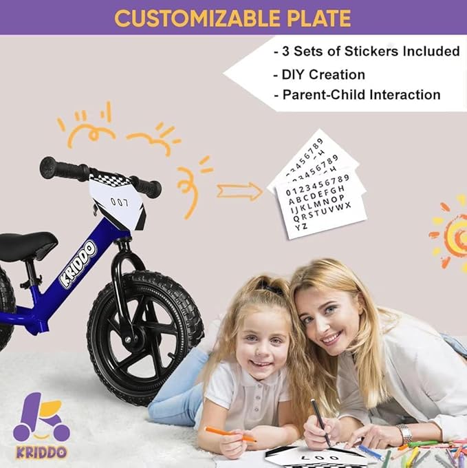 KRIDDO Toddler Balance Bike 2 Year Old, Age 18 Months to 5 Years Old, 12 Inch Push Bicycle with Customize Plate (3 Sets of Stickers Included), Steady Balancing, Gift Bike for 2-3 Boys Girls, Blue