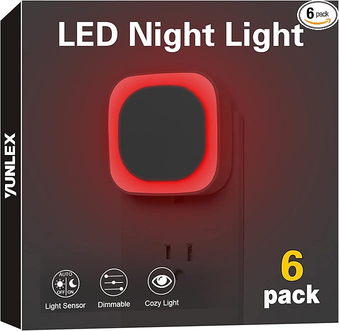 6 Pack Plug in Red Sleep Night Light, Auto Dusk to Dawn, Soft Glow, Dimmable Diffused Light, LED Lights for Bedroom, Sleep, Baby Nursery, Kids, Toddler, Bathroom, Hallway, Home Decor