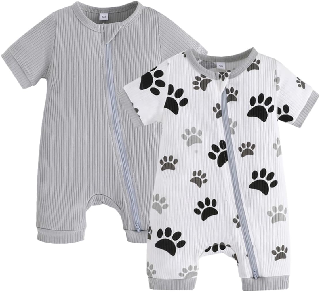Bafeicao Unisex Baby Boy Girl 2 Pack Rompers Short Sleeve 2 Way Zipper One Piece Jumpsuits Clothes Sets