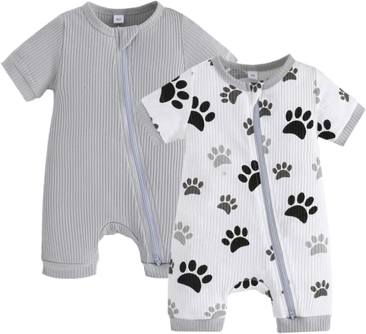 Bafeicao Unisex Baby Boy Girl 2 Pack Rompers Short Sleeve 2 Way Zipper One Piece Jumpsuits Clothes Sets