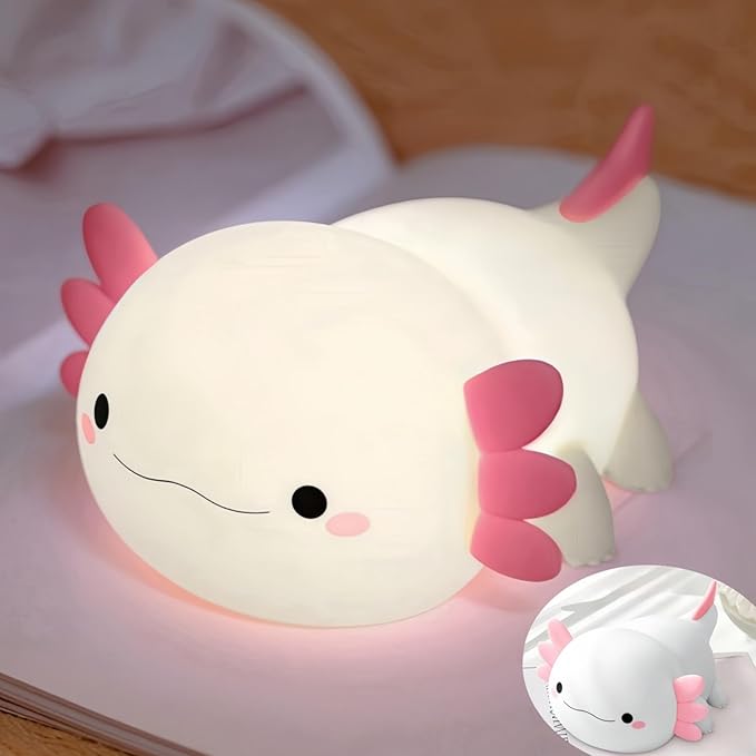 Axolotl Night Light for Kids, Cute Squishy Rechargeable Axolotls Lamp, Unique White Pink Xmas Axolotl Gifts, Dimmable LED Silicone Nightlight, Baby Safe, Girls Room College Dorm Décor