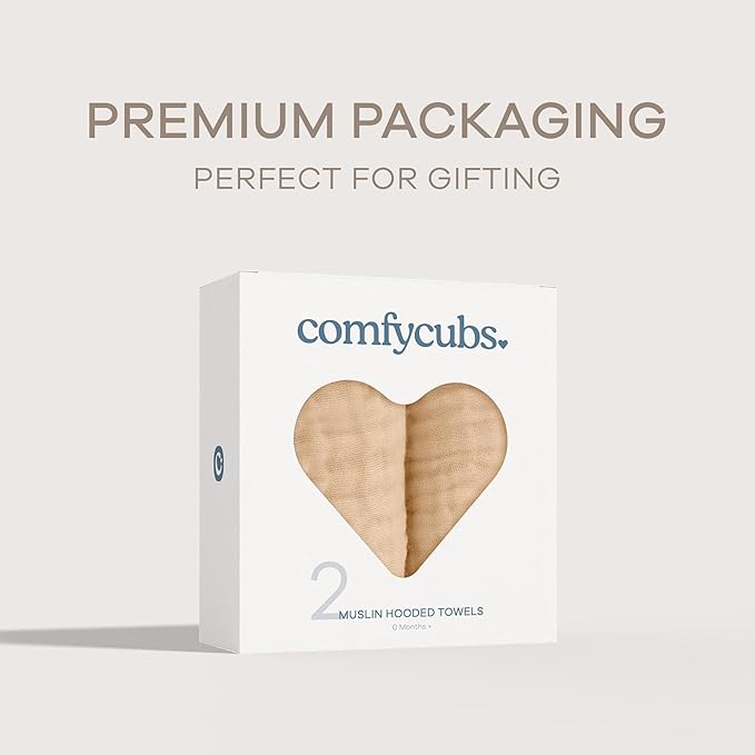 Comfy Cubs Hooded Baby Towel 2-Pack, Large 32 x 32 Inch - 6 Layer 100% Muslin Cotton for Babies, Toddlers and Kids - Soft & Absorbent Baby Bath Towels - Unisex Design for Bath Time - Cream