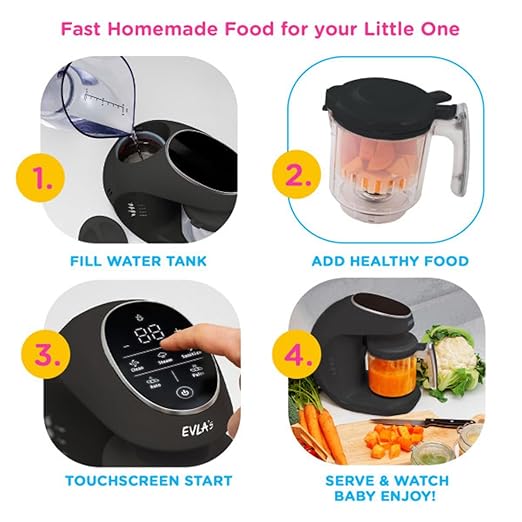 EVLA'S Baby Food Maker, Steamer, Blender, Baby Food Processor for Healthy Homemade Baby Food in Minutes, Touch Screen with 6 Reusable Food Pouches, Baby Registry Essential, Dark Grey