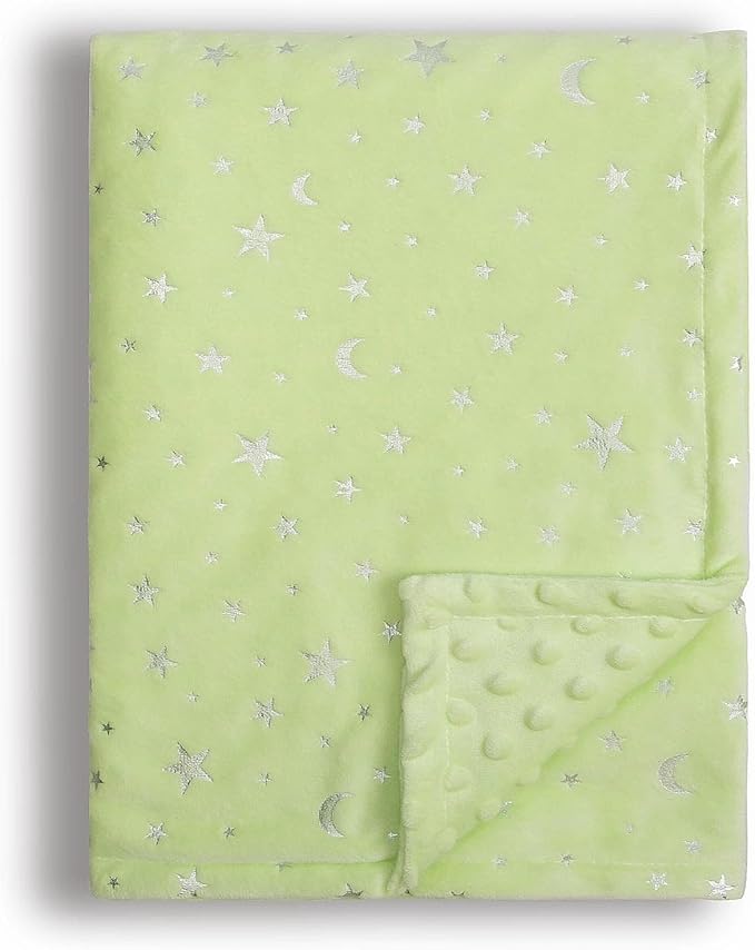 Baby Blanket for Boys Girls Soft Minky with Double Layer Dotted Backing, Star and Moon Printed 30 x 40 Inch Receiving Blanket (Green)