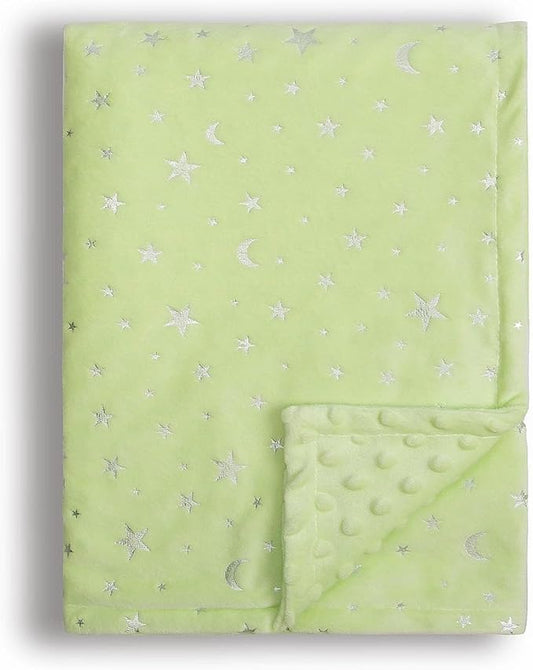 Baby Blanket for Boys Girls Soft Minky with Double Layer Dotted Backing, Star and Moon Printed 30 x 40 Inch Receiving Blanket (Green)