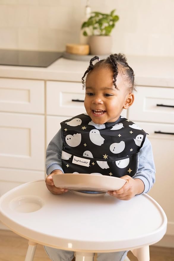 Tiny Twinkle Mess Proof Baby Bibs for Eating – Waterproof, Wipeable Toddler Bibs with Pocket – Baby Food Bibs for Girls & Boys(3 Pack,Halloween)