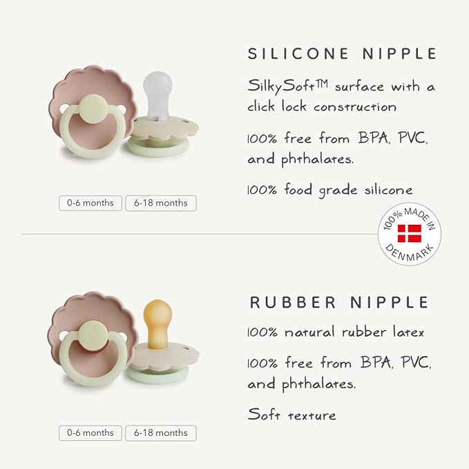 FRIGG Daisy SilkySoft Silicone Baby Pacifier | Made in Denmark | BPA-Free (Croissant/Portobello, 0-6 Months)