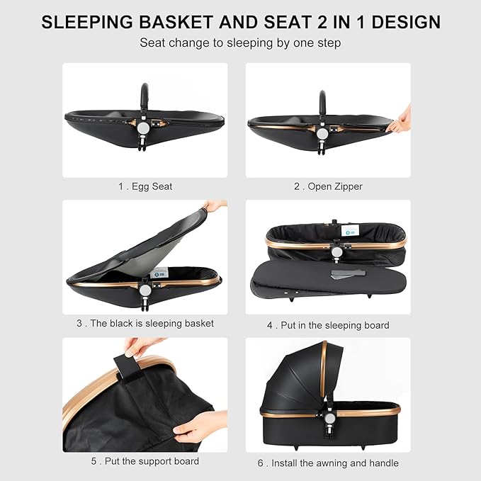 360° Rotatable PU Leather 2 in 1 Convertible Baby Stroller Mode, Infant Stroller One-Click Folding, Toddler Newborn Travel Standard Carriage Pram (HR002-Black)