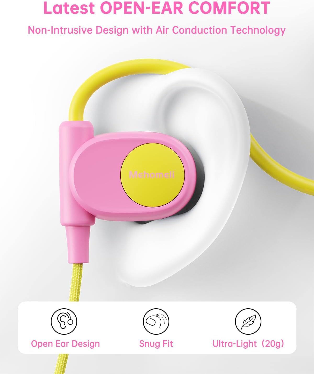 Kid Headphones for School, Air Conduction Open Ear Headphones, 3.5mm Jack Wired Cord, Ultra-Comfort, Ergonomic and Lightweight Design Perfect for School and Outdoor Activities-Yellow Pink