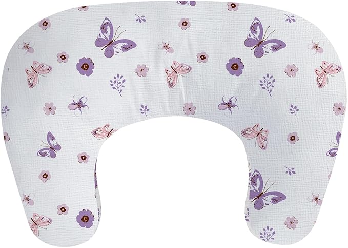 Little Grape Land Nursing Pillow, Soft 100% Cotton Breastfeeding Pillow with Breathable Muslin Removable Cover, Purple Butterfly Breast Feeding Pillows for Babies 0-12 Months with Protective Zipper