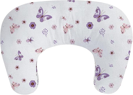Little Grape Land Nursing Pillow, Soft 100% Cotton Breastfeeding Pillow with Breathable Muslin Removable Cover, Purple Butterfly Breast Feeding Pillows for Babies 0-12 Months with Protective Zipper