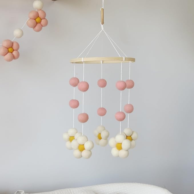 Daisy Mobile for Crib Boho Baby Crib Mobile for Girls Pink Felt Flower Baby Mobile for Crib