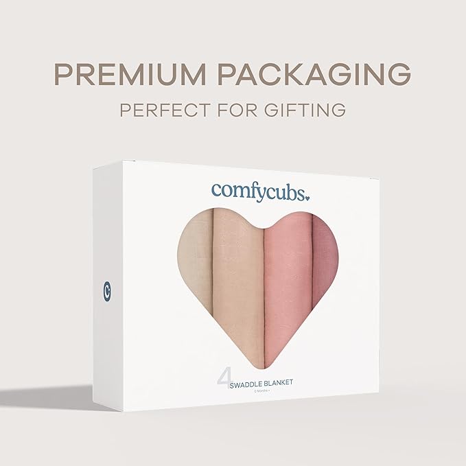 Comfy Cubs Muslin Swaddle Blankets Pack of 4, 47 x 47 Inches, Soft Cotton Baby Blanket Set, Large Multipurpose Swaddling Wraps for Newborns - Self-Soothing Swaddle - Cream, Blush, Bold Blush, Mauve