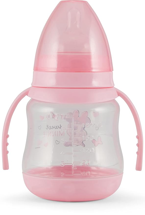 Disney 2 Pack 7 Ounce Baby Bottles with Character Prints and Colored Covers with Double Handle - BPA Free and Easy to Clean