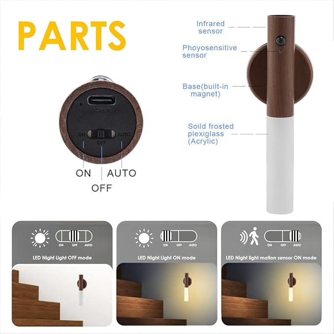 LANDGOO LED Nursery Night Light, Body Motion Sensor Nursing Lamp, Rechargeable Battery Powered Magnetic 360° Portable Lighting for Bedroom Bathroom, Walnut Wood 2Pcs