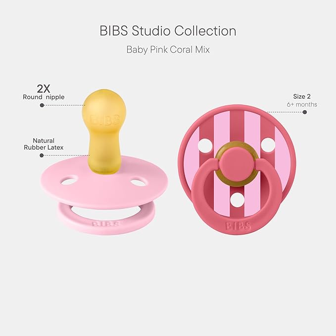 BIBS Pacifiers - Studio 2 Pack | Round Nipple Baby Pacifier | BPA Free Natural Rubber Latex Soother | Made in Denmark | Size 6+ Months | Block Baby Pink Coral