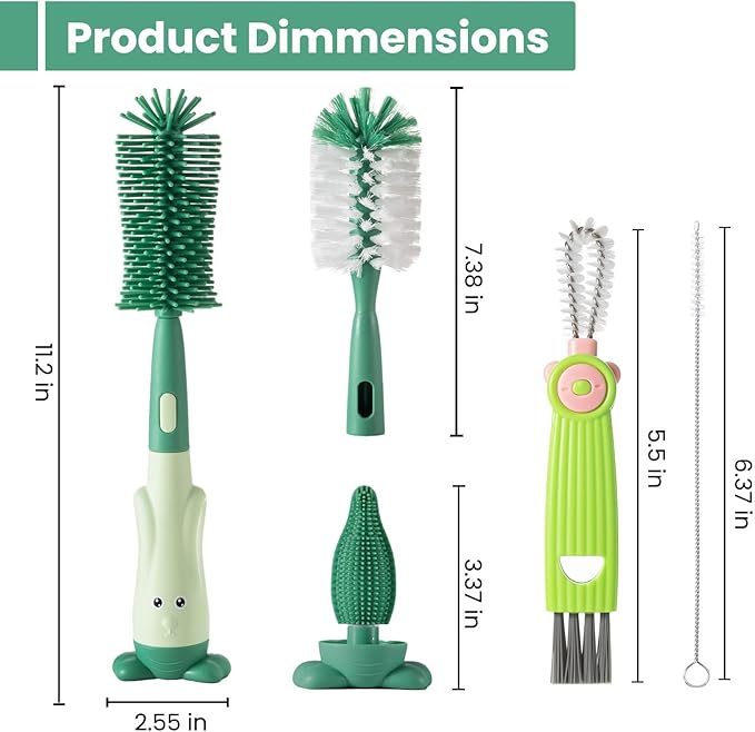 5-in-1 Baby Bottle Brush Set, Bottle Brush for Baby, Baby Bottle Scrubber, Including Silicone & Nylon Bottle Brush, Bottle Cap Brush, Straw Brush, Nipple Brush, BPA-Free (Green)