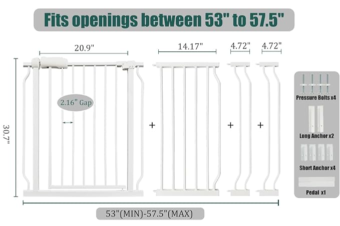 53-57.5 Inch Extra Wide Baby Gate, Auto Close Pet Gate, Pressure Mounted No Drill for Wide Stairs & Doorways, White Metal with Extension Kit