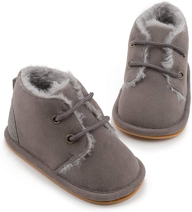 Baby Unisex Warm Snow Boots Newborn Leather Fur Lace Up Ankle Anti-Slip Rubber Texture Sole Toddler Prewalker Winter Crib Shoes