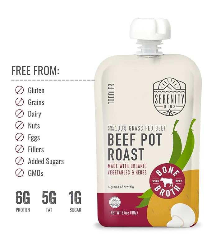 Serenity Kids Beef Bone Broth Puree with Organic Veggies - Protein-Rich BPA-Free Pouches & Grass Fed Beef Baby Food - Clean Label Project Purity Award Certified - 3.5 Oz, 6 Pack
