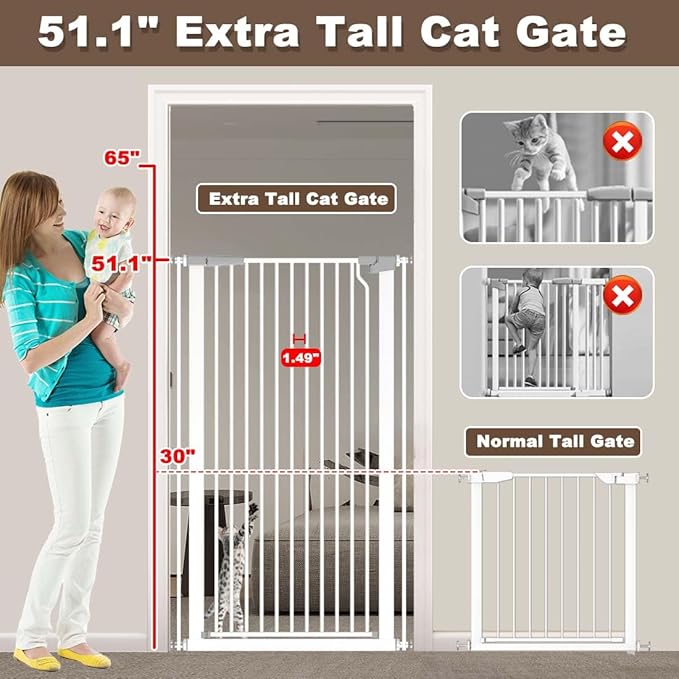 Fairy Baby 51.18" Extra Tall Cat Pet Gate, 48.5"-56.2" Extra Wide Long Dog Gate for The House, Doorways, Hallways, Metal Large Pet Barrier Fence Indoor Kids Toddlers Gate Auto Close No Climb, White