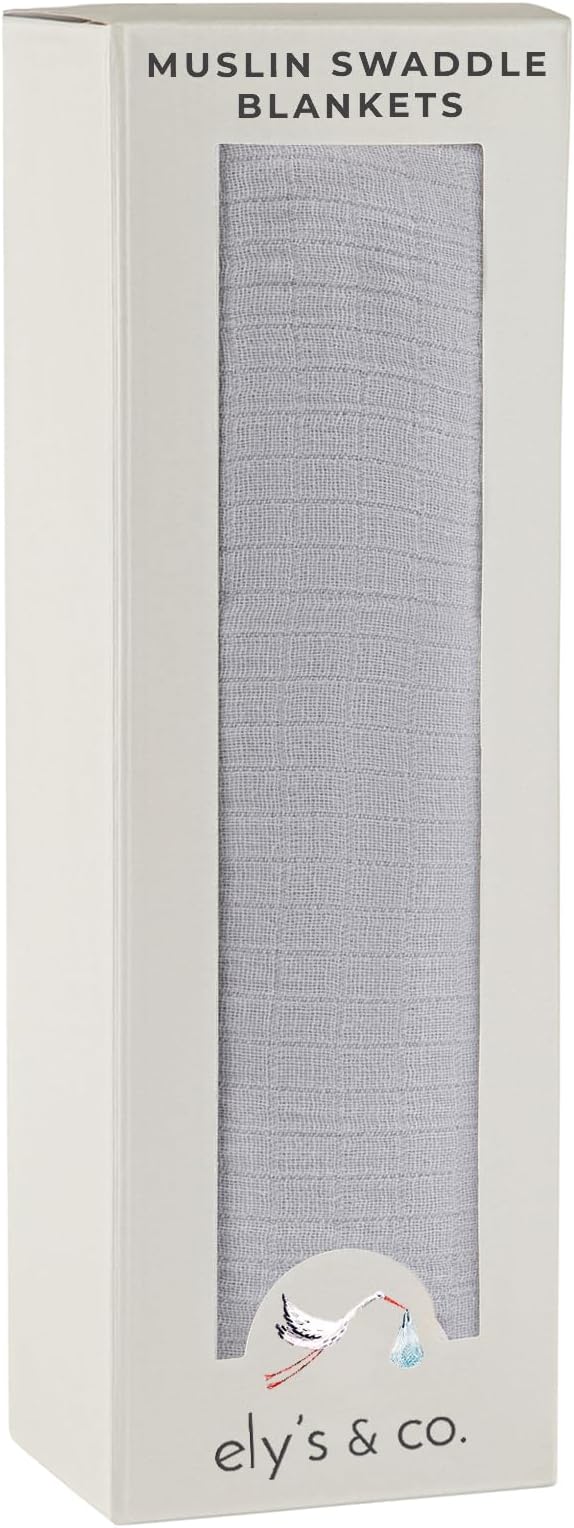 Ely's & Co. Cotton Muslin Swaddle Blanket 1-Pack for Baby Boy or Girl — 100% Cotton Muslin Extra-Large Swaddle Blankets (47” x 47”) Silver Grey
