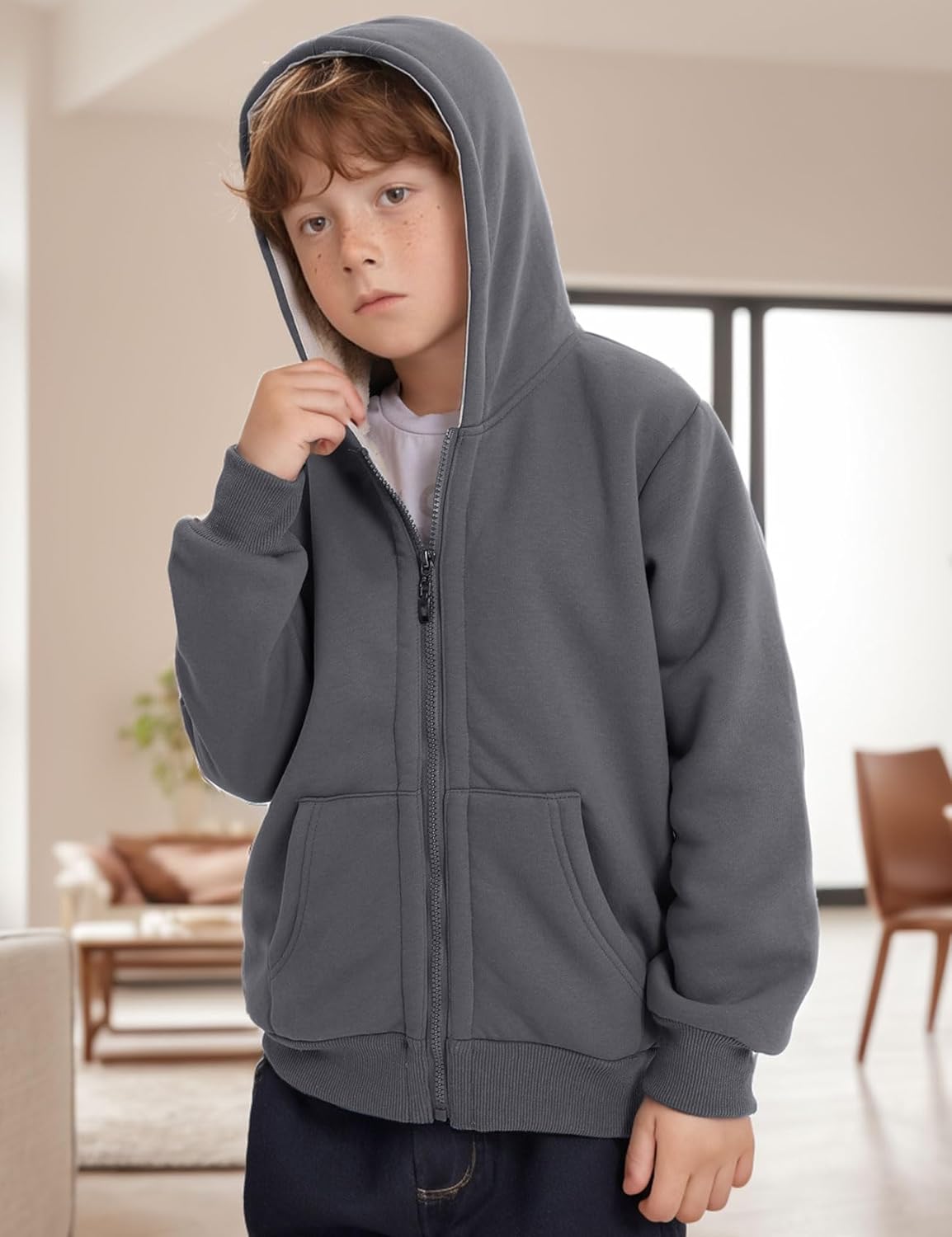 Gihuo Unisex Boy's Girls Winter Warm Sherpa Lined Zip Up Sweatshirt Fleece Jacket Kid's Hoodie Outerwear